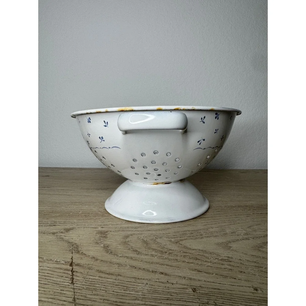 Vintage Floral Enamel Colander White Footed‎ Strainer Farmhouse Cottage 9.5 Inch